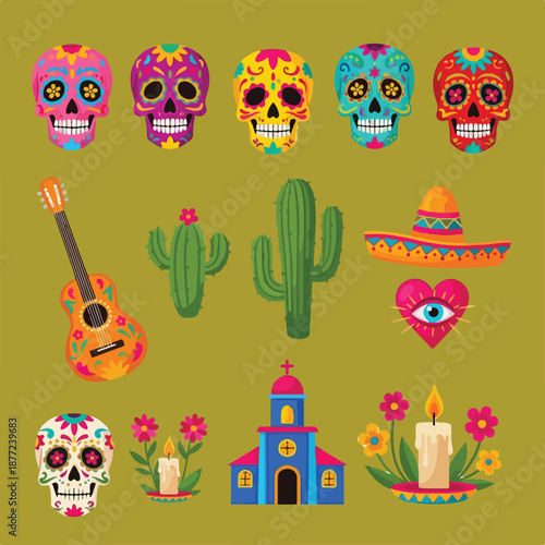 Colorful dia de los muertos symbols including skulls cactus guitar