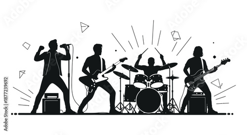 Energetic band performing on stage with instruments a vocalist and dynamic lighting silhouette
