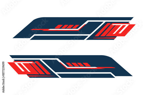 Abstract red and blue graphic design elements with white accents.