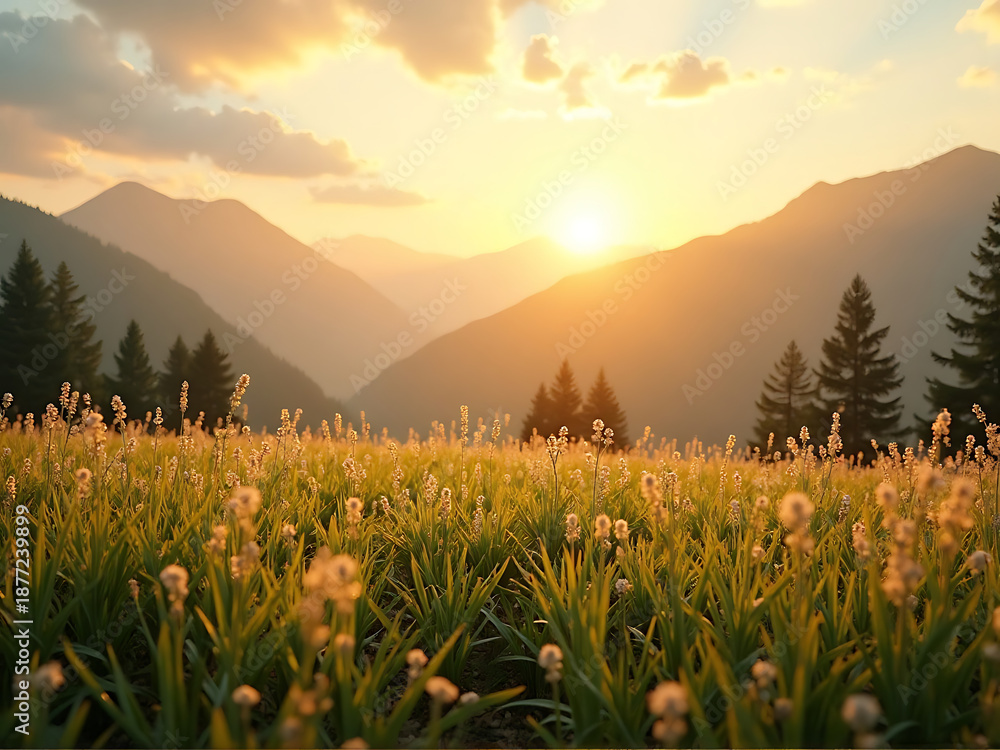Fototapeta premium Realistic mountain meadow landscape at sunset, soft glowing light, warm and fresh natural mood, smooth grass textures, cinematic depth, minimalist scenery