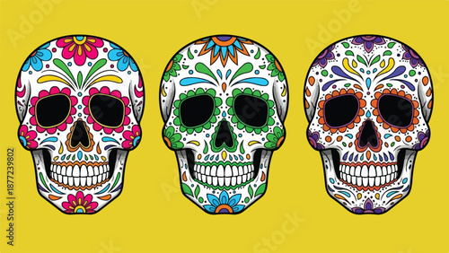 Colorful sugar skulls with floral patterns on yellow background