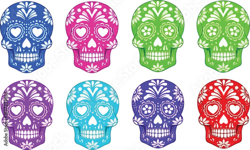 Colorful sugar skulls with white on white background