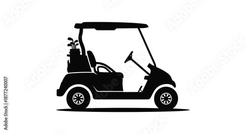 A simple black silhouette of a golf cart with clubs wheels and a seat silhouette