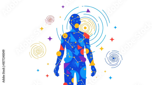 Cosmic Human Silhouette with Geometric and Celestial Patterns