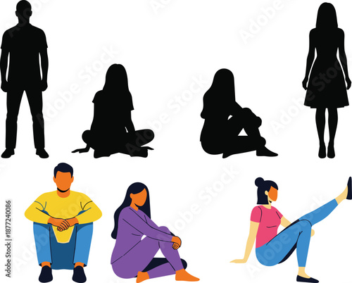 People sitting and standing poses vector illustration with colorful characters and black silhouettes, modern lifestyle design, human posture collection art