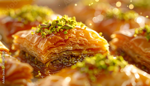 Flaky baklava pastry with pistachios and syrup, middle eastern dessert