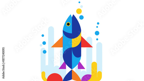 Colorful Geometric Fish Swimming Upwards with Bubbles