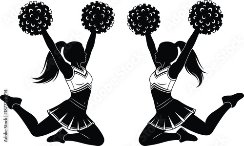 Cheerleader silhouette vector illustration showing energetic girls jumping with pom poms, sports spirit concept, dance performance pose, black figures isolated on white background