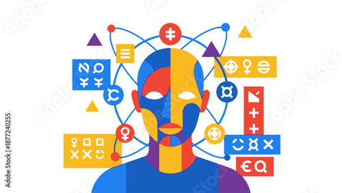 Abstract Human Head with Symbols and Geometric Shapes
