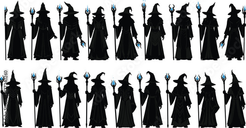 Fantasy wizard silhouettes vector illustration set featuring dark mages with staffs, magical characters, sorcerer poses, black figures for game, RPG, and mystical design