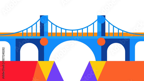Modern Bridge Architecture with Geometric Supports in Blue and Orange