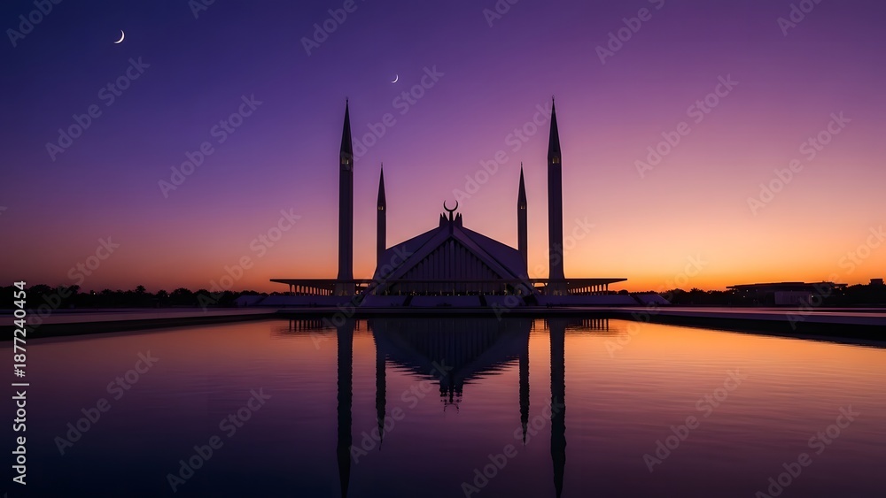 Fototapeta premium Majestic mosque silhouette at serene sunset with crescent moons