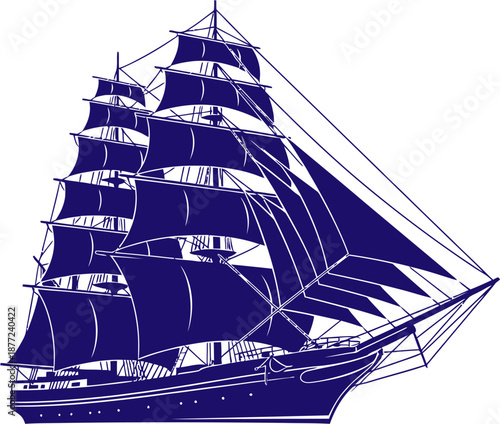Blue illustration of a majestic tall ship with full sails, sailing on the open sea, a classic maritime vessel.