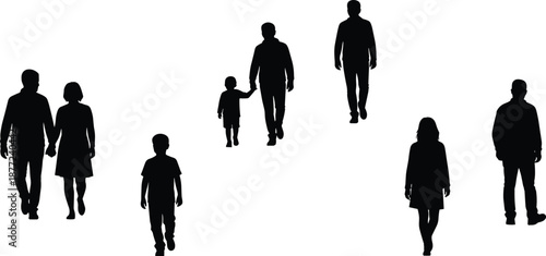 People walking silhouette vector illustration set showing men, women, and children, urban crowd movement concept, black figures isolated on white background