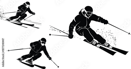 Dynamic Alpine Skiing Silhouette Collection, Monochrome Trio of Downhill Skiers in Motion, Minimalist Winter Sports Action Graphic, vector, illustration, silhouette.