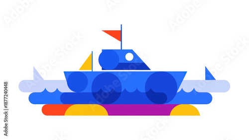Modern Blue Ferry Boat with Colorful Underwater and Sailing Sailboats