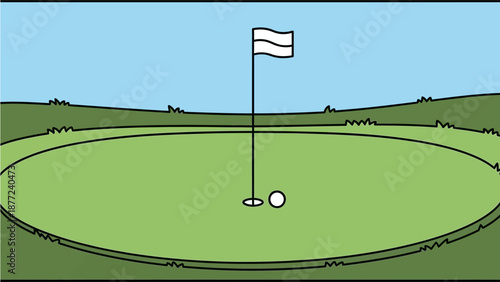 A cartoon illustration of a golf putting green with a flagstick, a hole, and a golf ball on a sunny day.