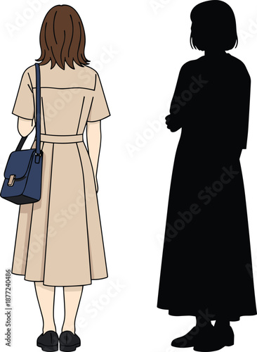 Woman standing back view vector illustration with realistic outfit and black silhouette comparison, fashion design reference, female body pose, minimal flat style