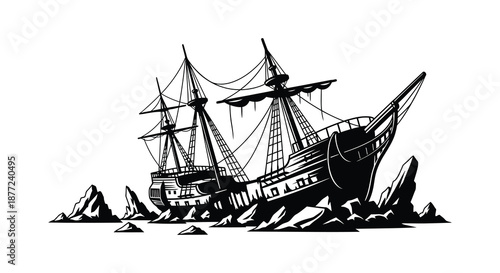 Vintage sailing ship with detailed masts and rigging near rocky coastline a striking silhouette