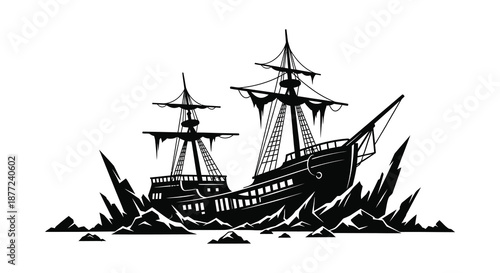 A dramatic depiction of an old weathered pirate ship amidst crashing waves silhouette