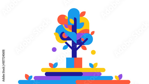 Abstract Colorful Tree with Leaves and Geometric Elements