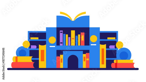 Modern Library Building with Bookshelves Vector Illustration