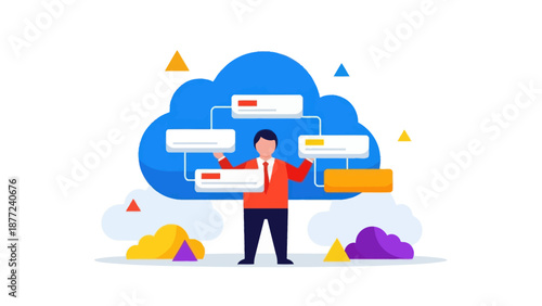 Businessman Managing Cloud Data Flow and Network Structure