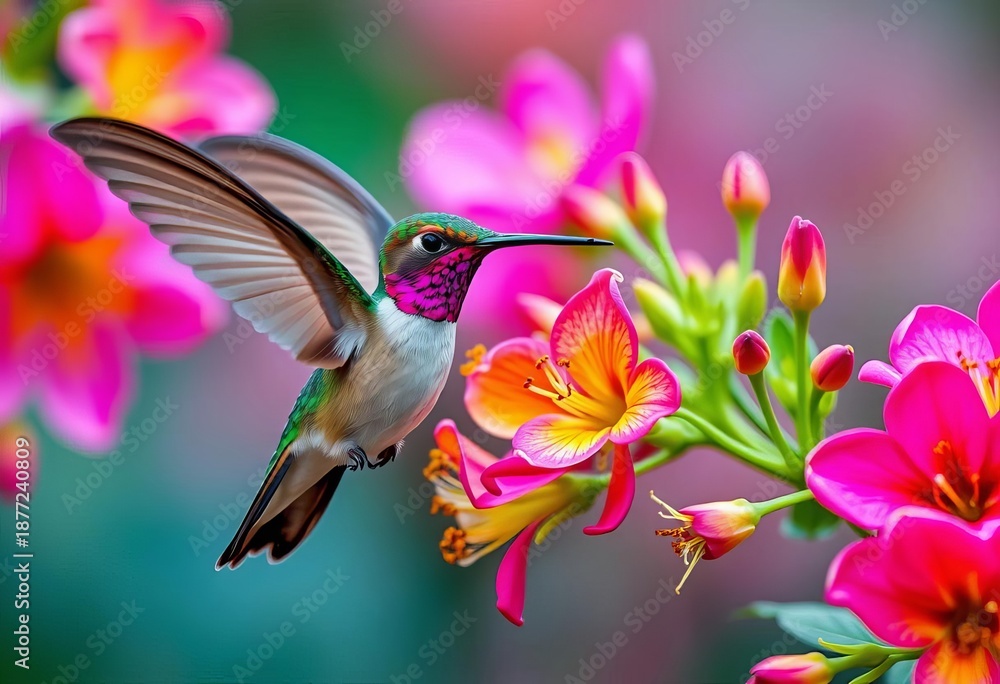 Fototapeta premium A graceful hummingbird hovers near vibrant blossoms, wings a blur, blur, delicate