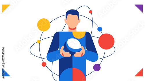Man Holding Sphere Amongst Orbiting Planets, Abstract Science Concept