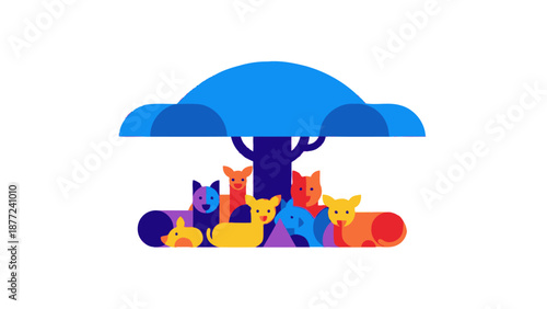 Colorful Animal Group Under Stylized Blue Tree