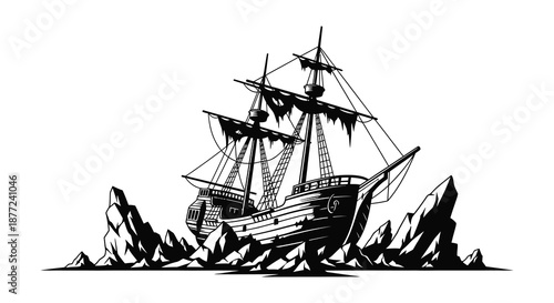Vintage sailing ship illustration amidst rocky outcrops a dramatic nautical scene black and white silhouette