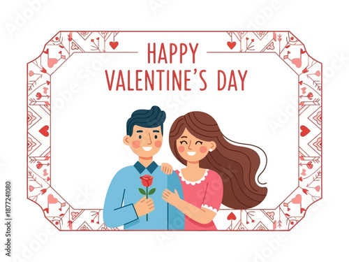 Couple Celebrating Valentine's Day with Rose, Love, and Romance in Heartwarming Illustration