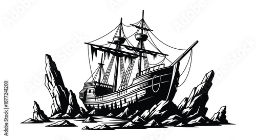 Dramatic depiction of an old galleon ship near rocky shores a striking silhouette