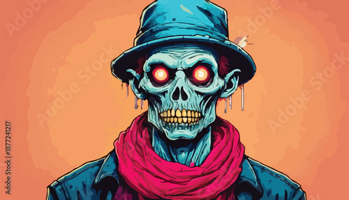 Zombie with Glowing Eyes and Hat, Cartoon Style Illustration.
