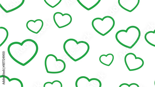 A seamless pattern of green outlined hearts on a white background, symbolizing love and affection in a decorative design.