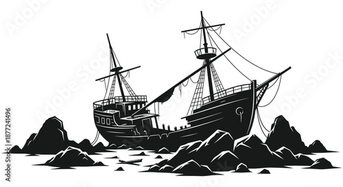 two ships wrecked on rocky shore with distinctive silhouette high quality professional detailed