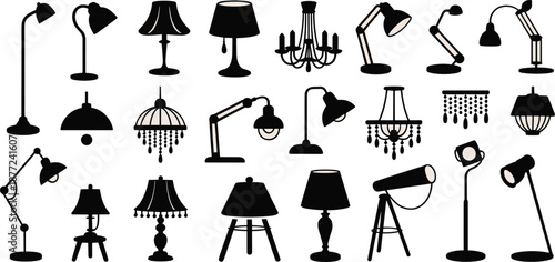 Lamp and Lighting Silhouette Collection Featuring Table Lamps, Floor Lamps, Chandeliers and Desk Lights, Black Vector Icons Set for Interior Design, Home Decor and Illustration Projects