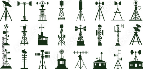 tower silhouette icons featuring antennas, radar, satellite dishes, and weather stations for technology and infrastructure design use