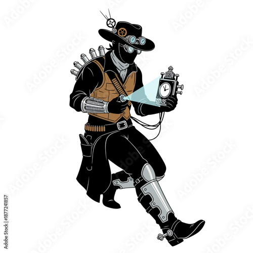 Steampunk cowboy with futuristic gadgets and clockwork device