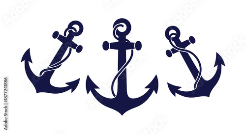 A collection of three dark blue nautical anchors displayed in a striking silhouette