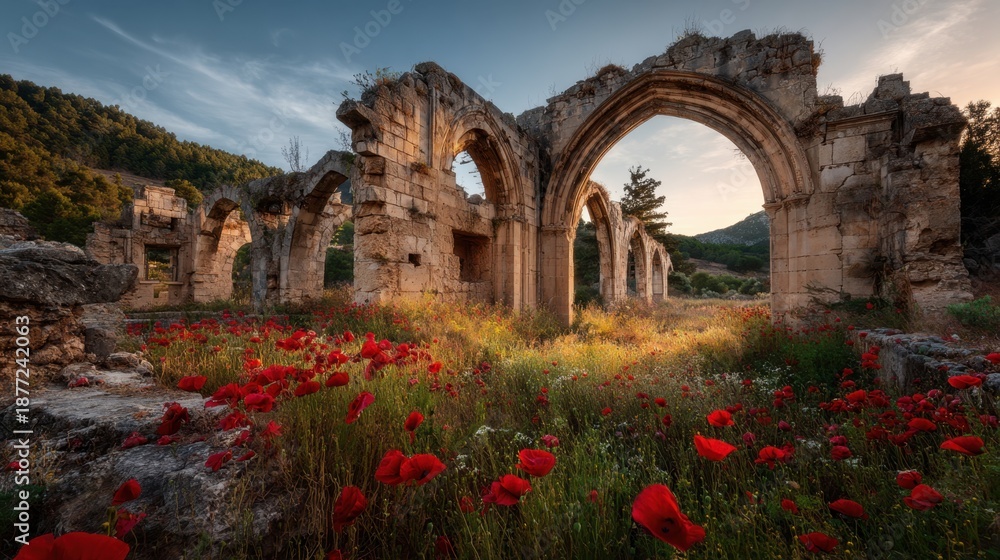 Obraz premium Ancient stone arches surrounded by viintimate apparelnt red poppies in a serene landscape