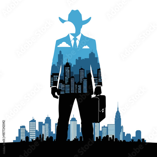 Businessman in cowboy hat standing in front of city skyline