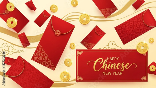 Red envelopes with gold designs and coins for chinese new year celebration on beige background
