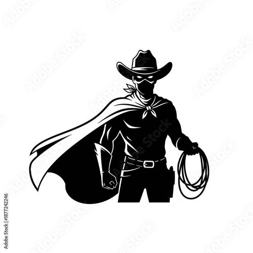 Mysterious cowboy superhero with cape and lasso ready for action