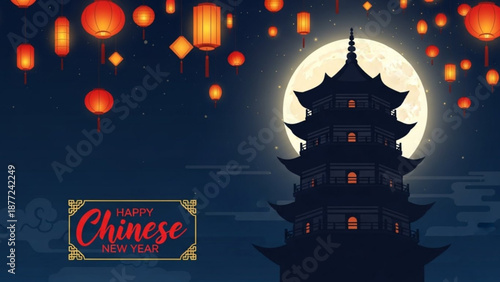 Chinese pagoda under full moon with red lanterns and happy chinese new year sign at night