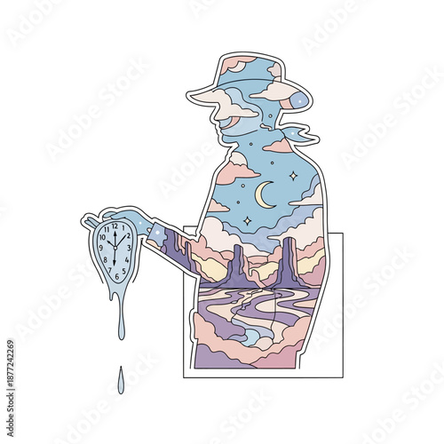 Dreamy surrealist artwork of person holding melting clock