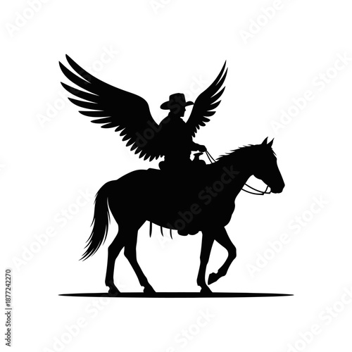 Angel cowboy riding horse with wings in silhouette
