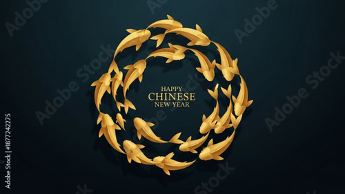 Golden fish circle happy chinese new year dark background celebration