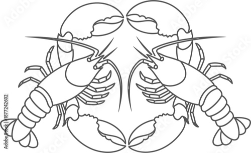 Four symmetrical line art lobsters arranged in a circular pattern, black and white outline drawing of marine crustaceans.