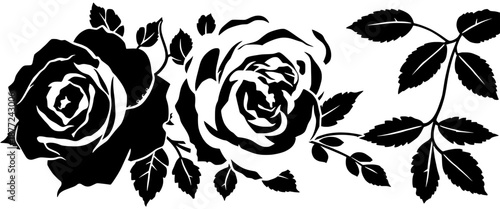 Black rose flower silhouettes with detailed leaves arranged in a horizontal botanical vector style isolated on white background.